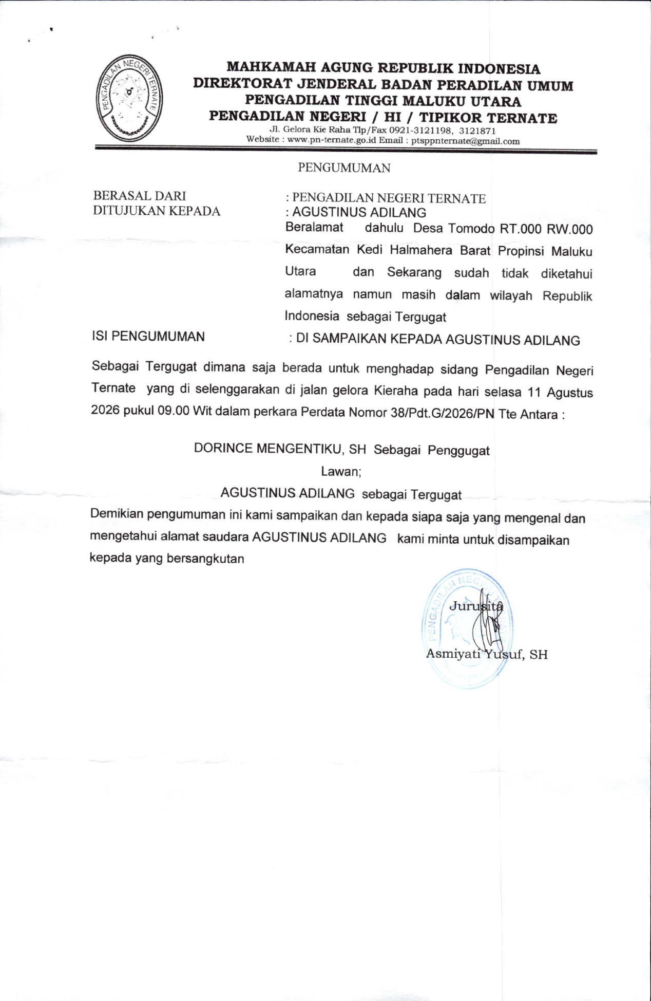 RELAAS PANGGILAN KEPADA TERGUGAT PERKARA NOMOR: 38/Pdt.G/2026/PN Tte